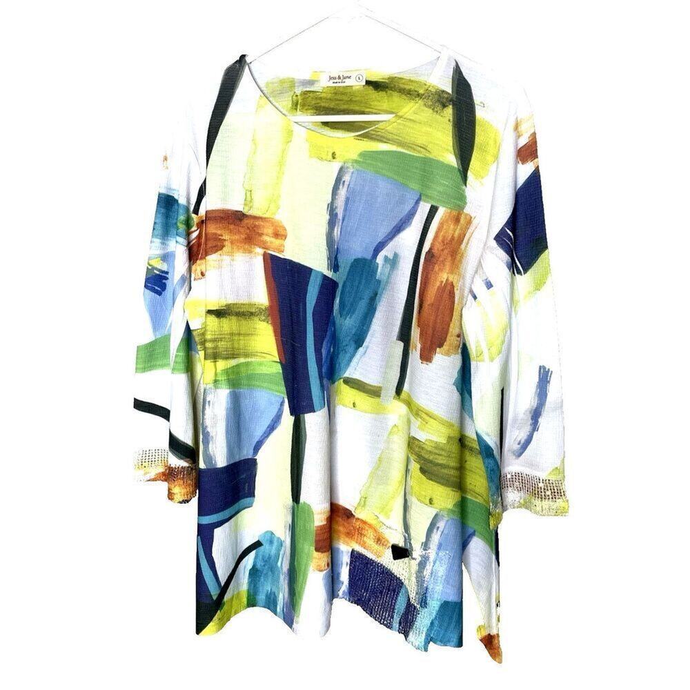 Jess & Jane L Abstract Art To Wear 3/4 Sleeve Blouse Shirt Tunic Top Artsy USA